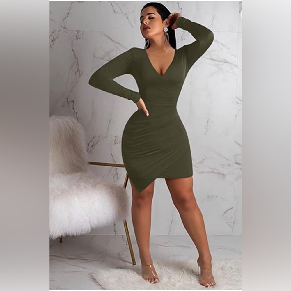 ZileZile long sleeve wrap mini dress in olive green